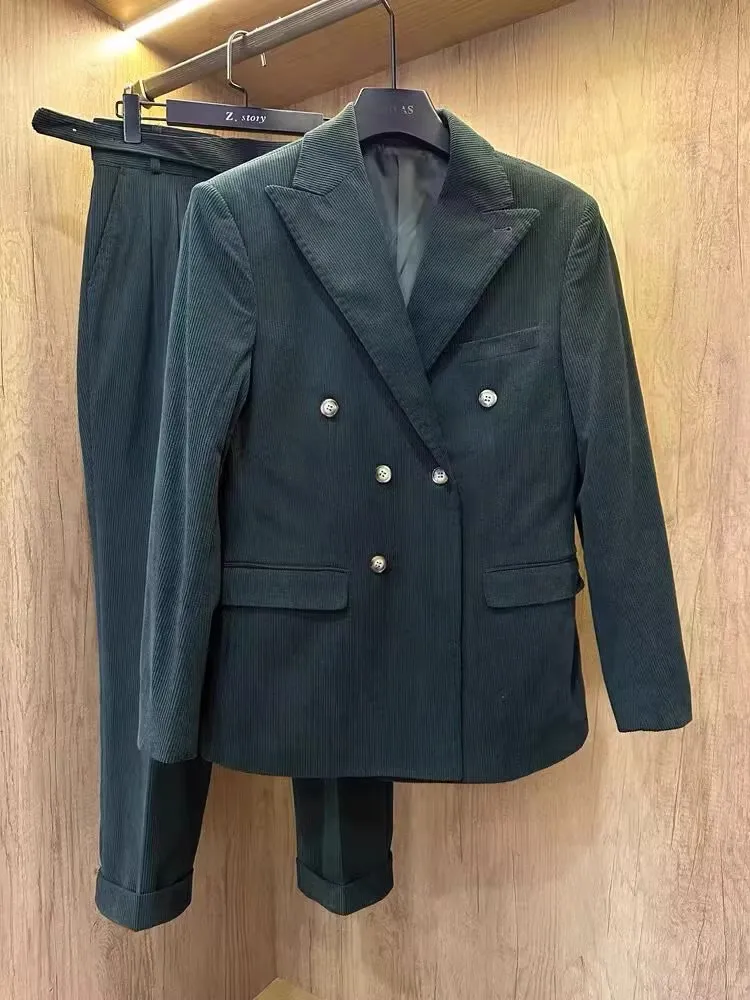 

Men's Vintage Corduroy Suit Set with Waist-Cinching Double-breasted Neapolitan Style in Four Colors for Autumn And Winter