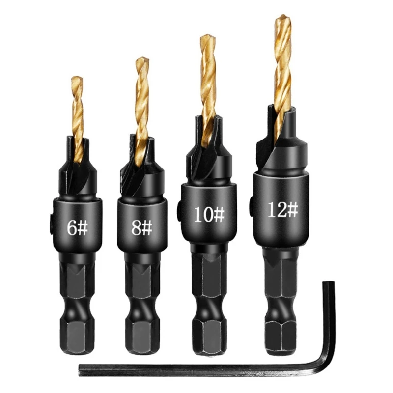 02DC 4Pcs 1/4inch Shank Adjustable Countersink Drill Bit Set Replaceable Drill