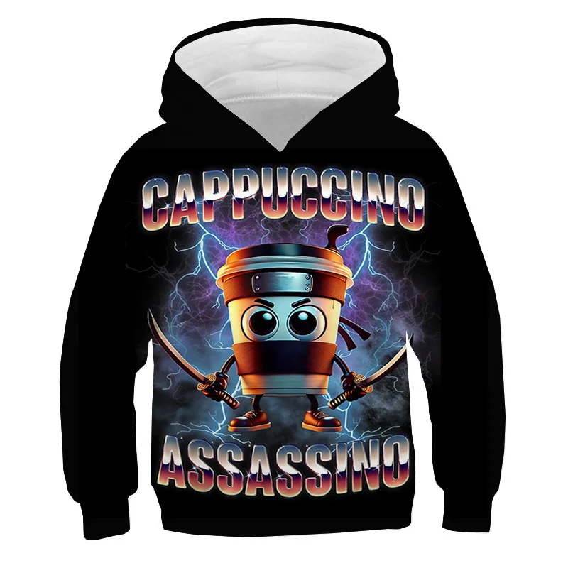 

Толстовки с капюшоном Cappuccino Assassino для мальчиков и девочек, забавные толстовки с итальянским принтом Brainrot, топы с капюшоном и длинными рукавами, детская модная толстовка