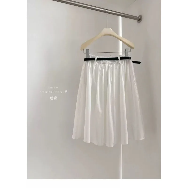 

Korean Minimalist White Cargo Midi Skirt Women Vintage Casual A-Line Skirt With Belt S-XL