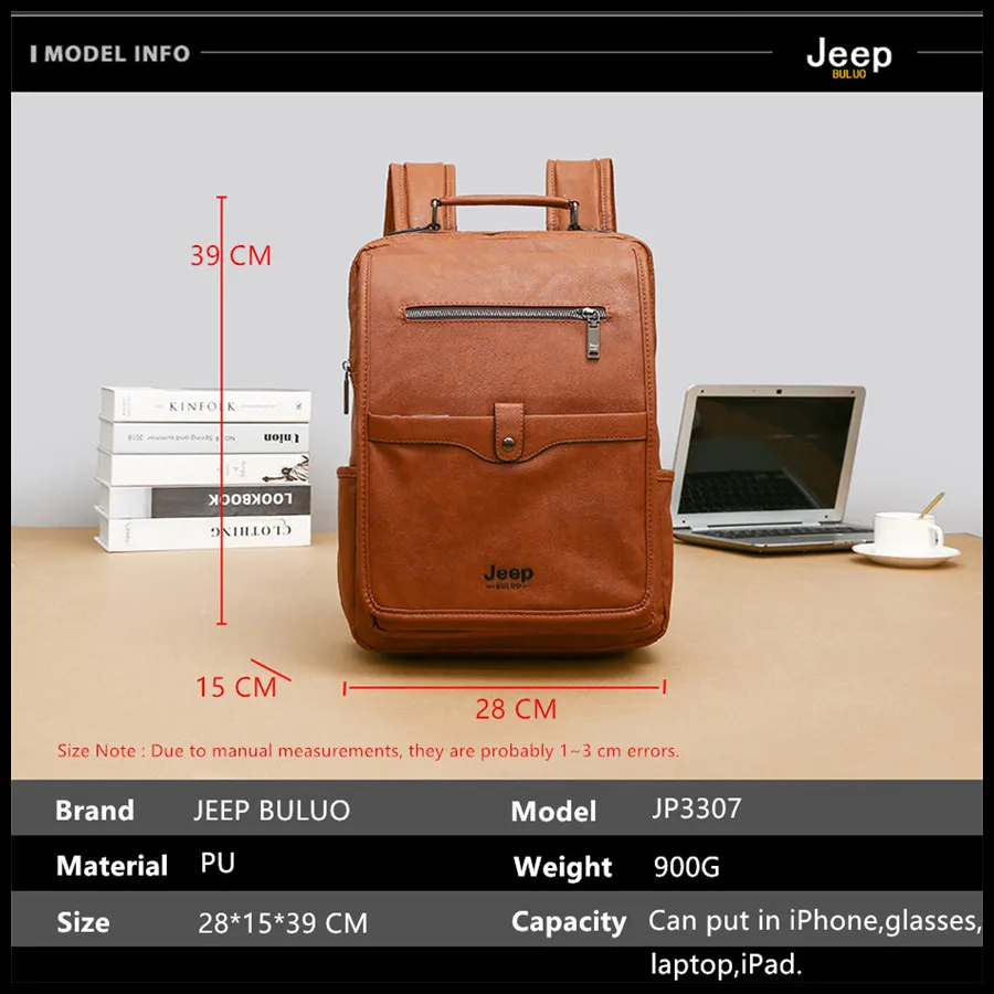 JEEP BULUO Trend Casual Laptop Bags High Capacity Feature Backpack Computer New Men\'s Bag Travel PU Leather Bags For Man