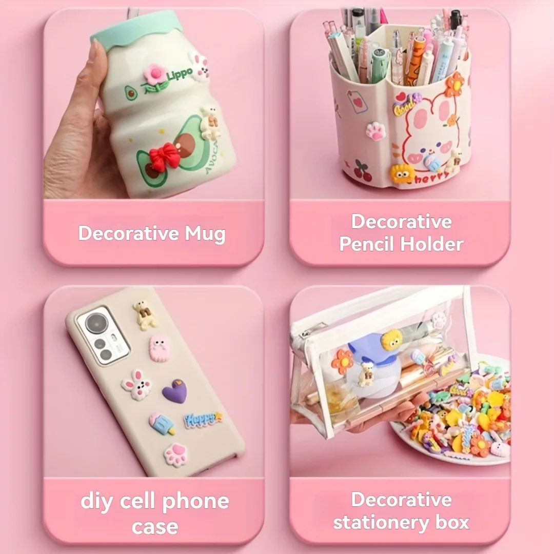 สติกเกอร์ยางนิ่มลายดอกไม้และสัตว์แบบ DIY 100 ชิ้น - อุปกรณ์เสริมงานฝีมือสำหรับเคสมือถือ ที่ใส่ดินสอ แก้วน้ำ และกิ๊บติดผม