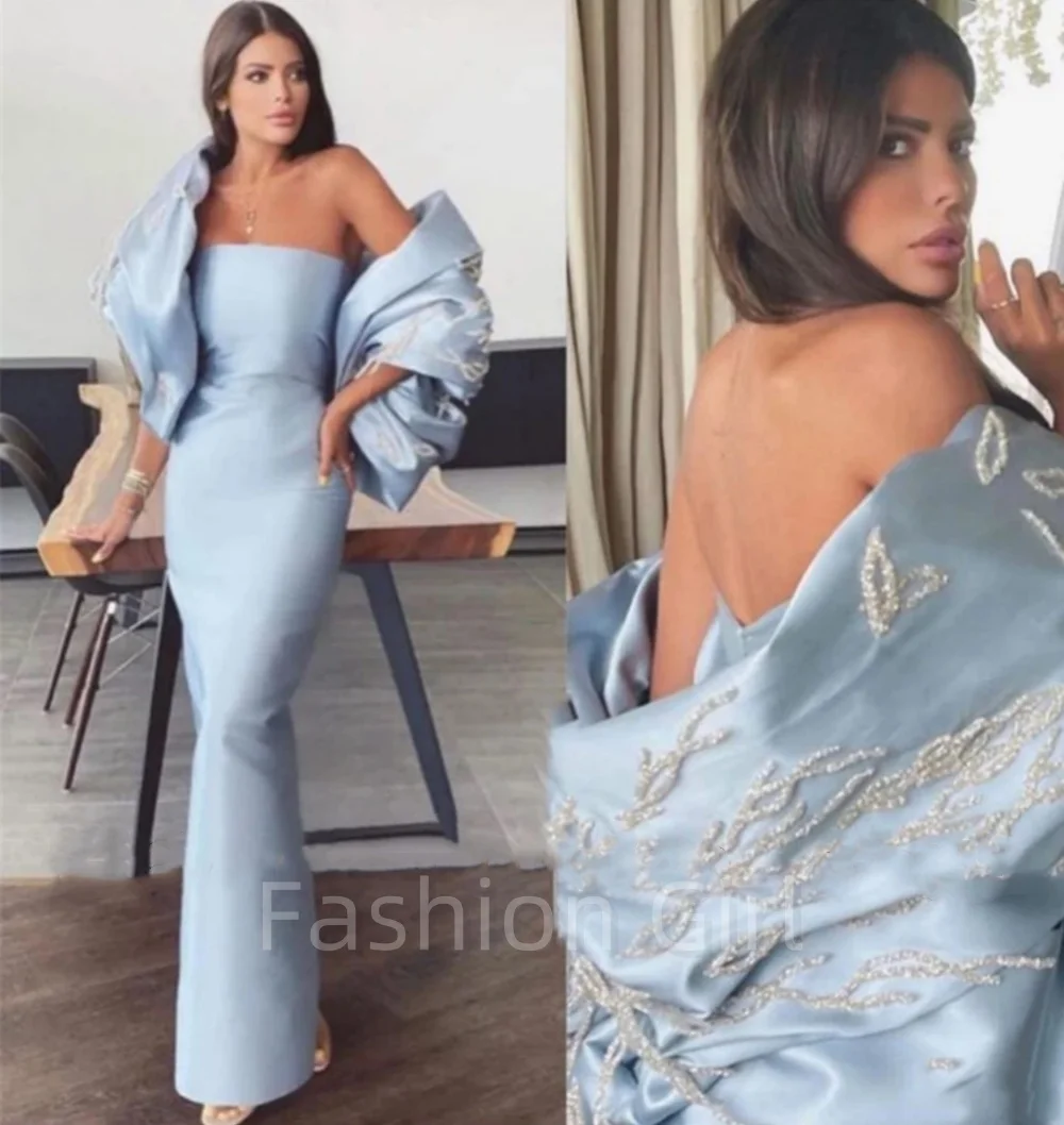 

Elegant Light Blue Satin Strapless Formal Evening Dresses With Shawl Sleeves Shiny Beads Long Dubai Arabic Women Prom Gowns