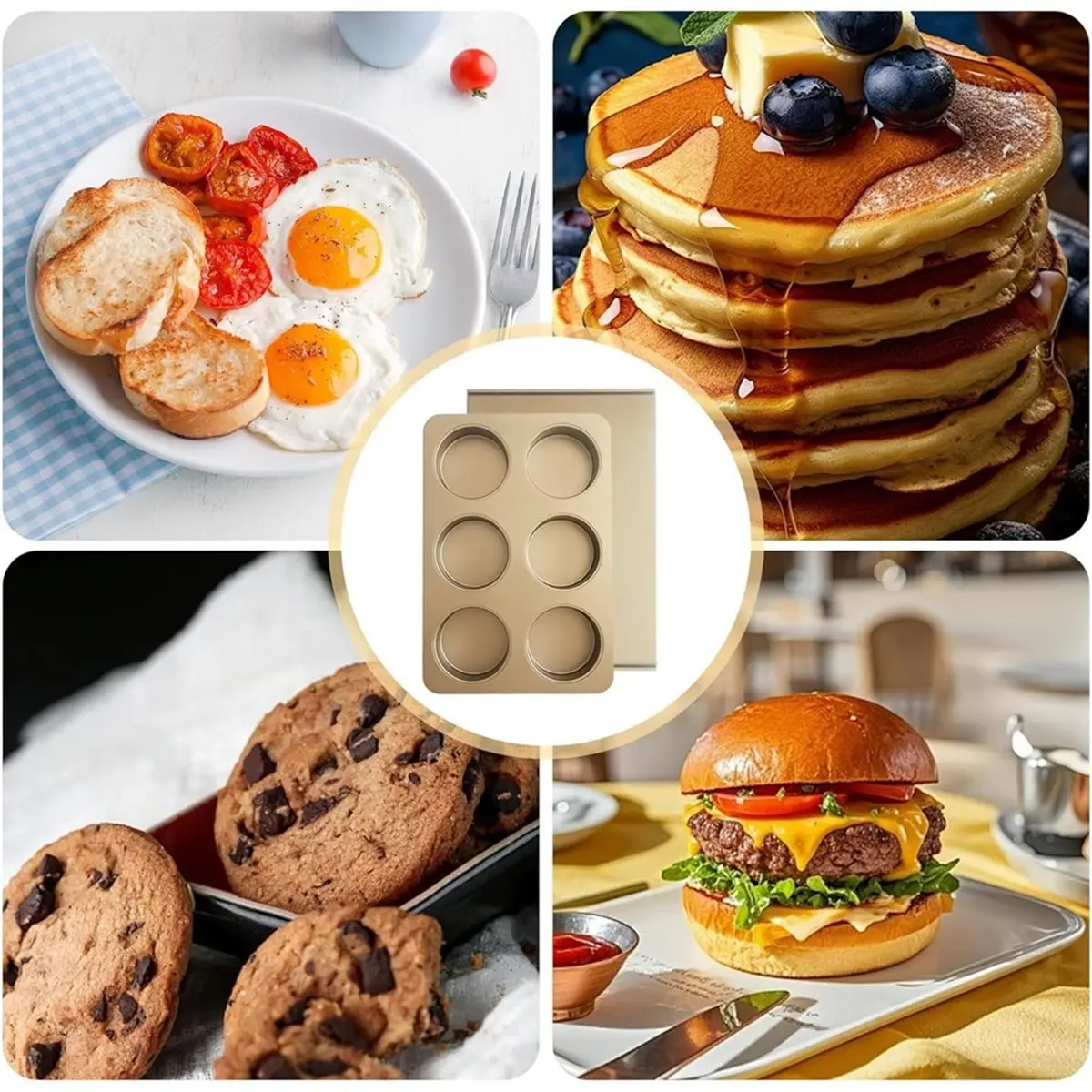 REST 6 Cup Muffin Top Pan for Baking, Nonstick Hamburger Bun Pan, Straight Side English Muffin Cupcake Pans with Lid