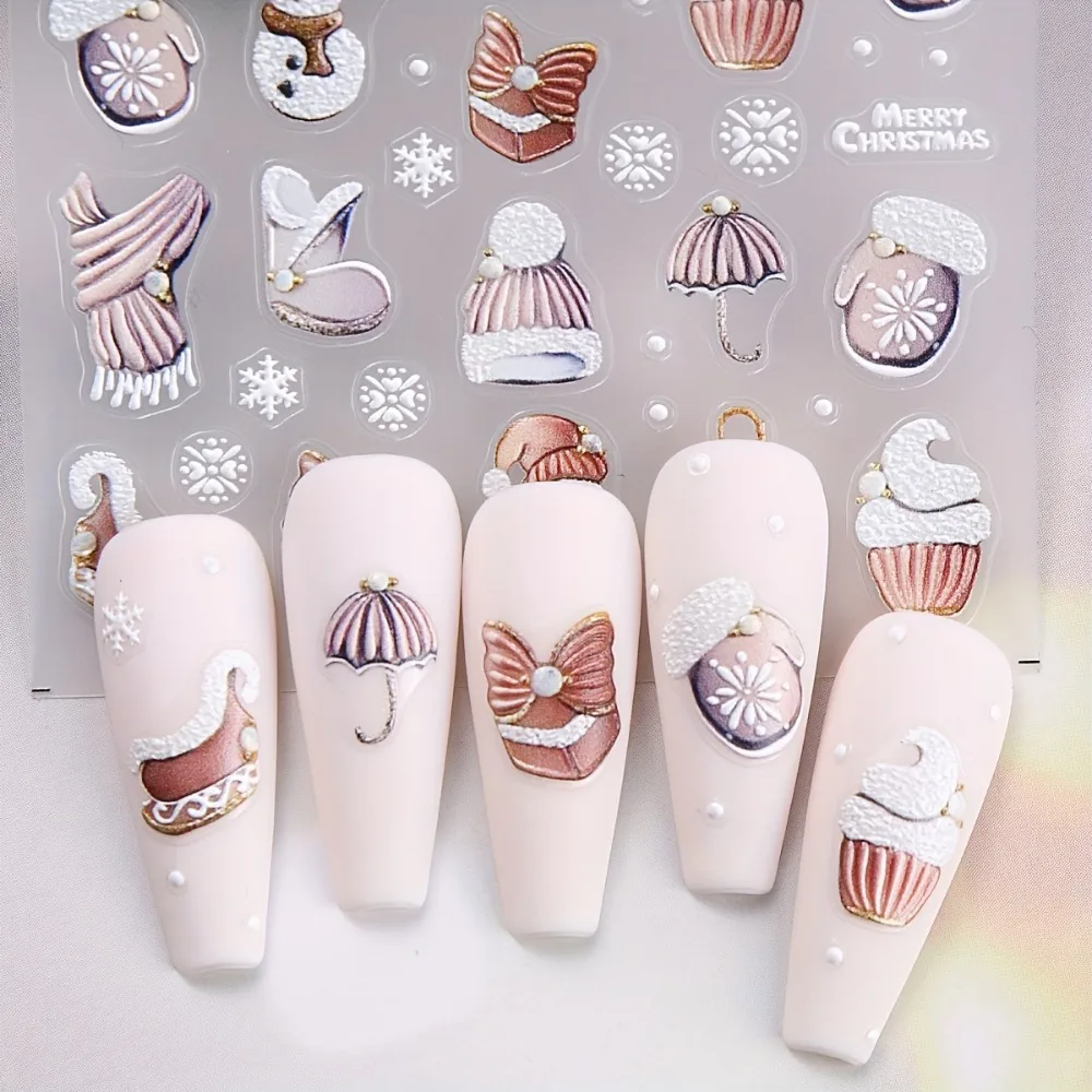 Festliche selbstklebende 3D-Nagelkunstaufkleber mit Weihnachtsmann, Rentier, Schneemann, matten Designs für Maniküre, Kunst und verschleißfest