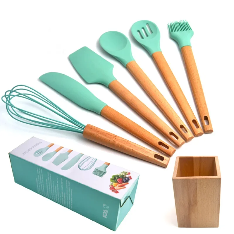 

6pcs Wooden Handle Food Grade Silicone Kitchen Utensils with Wood Storage Tube Spatula Shovel Brush Egg Beater Cooking Tools Set
