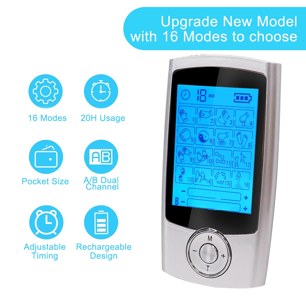 16 Modes Dual Output Electric Pulse TENS Unit Physiotherapy Body Massager Mini Pain Relief EMS Muscle Stimulator 2in1 LCD Screen