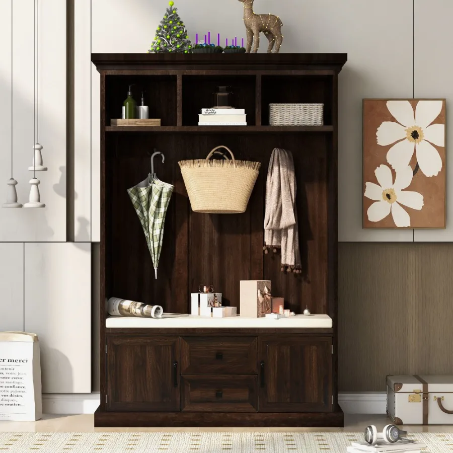 

Hall Tree with 3 Hooks Coat Hanger Entryway Bench Storage Bench 3in1 Design 47.2INCH for Entrance Hallway