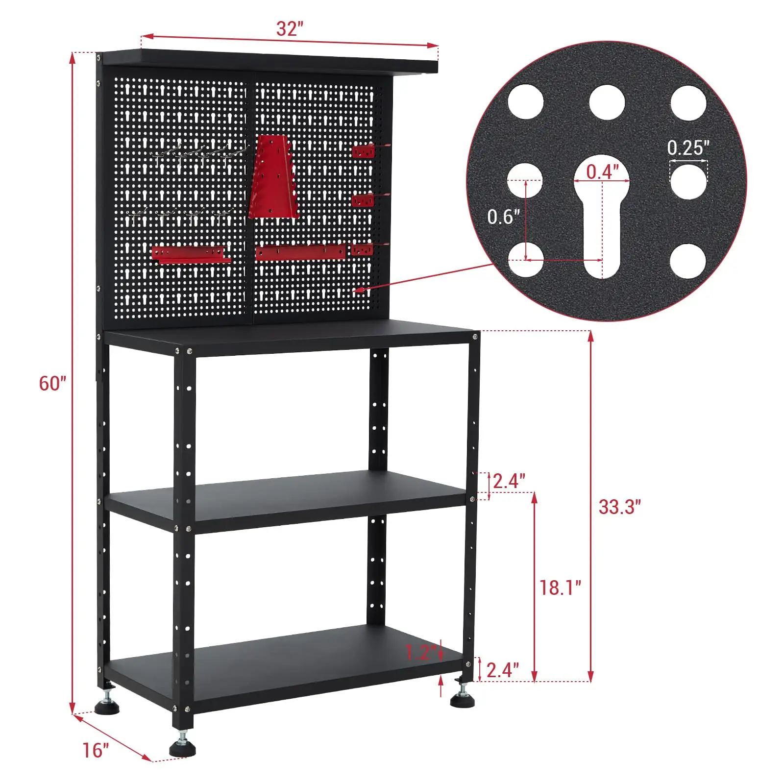 Heavy Duty Garage Workbench with Pegboard,32" Adjustable Garage Workbench with Tool Organizer,Industrial Metal Work Table with S