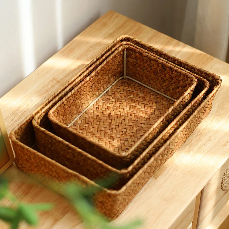 Seaweed Woven Desktop Clutter Box Toiletries and Skincare Products Sorting Basket Coffee Table Remote Control Key Storage Basket