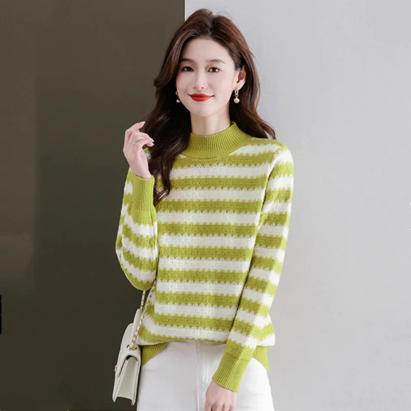 Women Striped Pullover Sweater For Autumn Winter 2023 New Clothes Casual Half High Collar Slim Female Bottom Knit Shirts