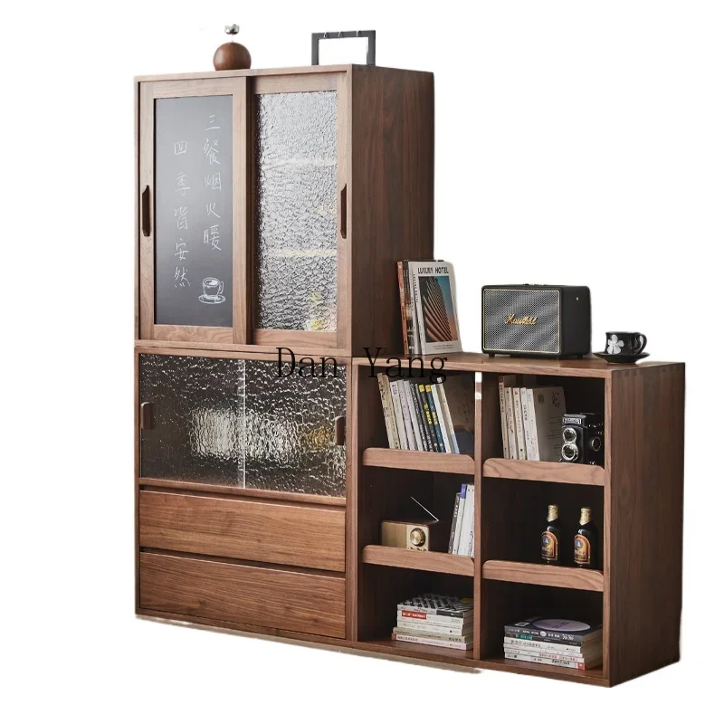 

Cyh black walnut short bookcase lattice cabinet combination floor storage TV all solid wood display cabinet group