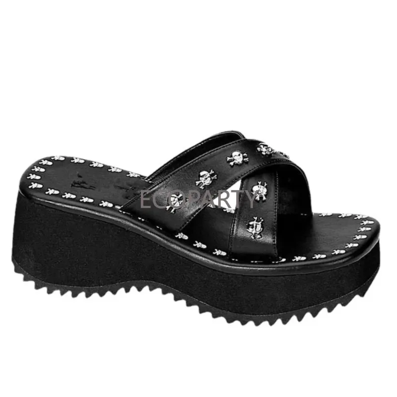 Skull Head Thick Sole Sandals Large Slope Heel Sponge Cake Water Table One-word Slippers  Female Rivets Ladie Shoes Slippers