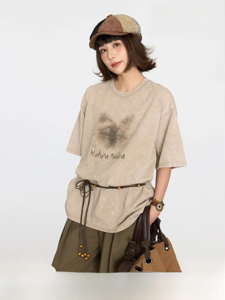 

Хлопковая футболка Hot Volcano с принтом в стиле ретро-живописи, свободный крой, круглый вырез, повседневный женский топ