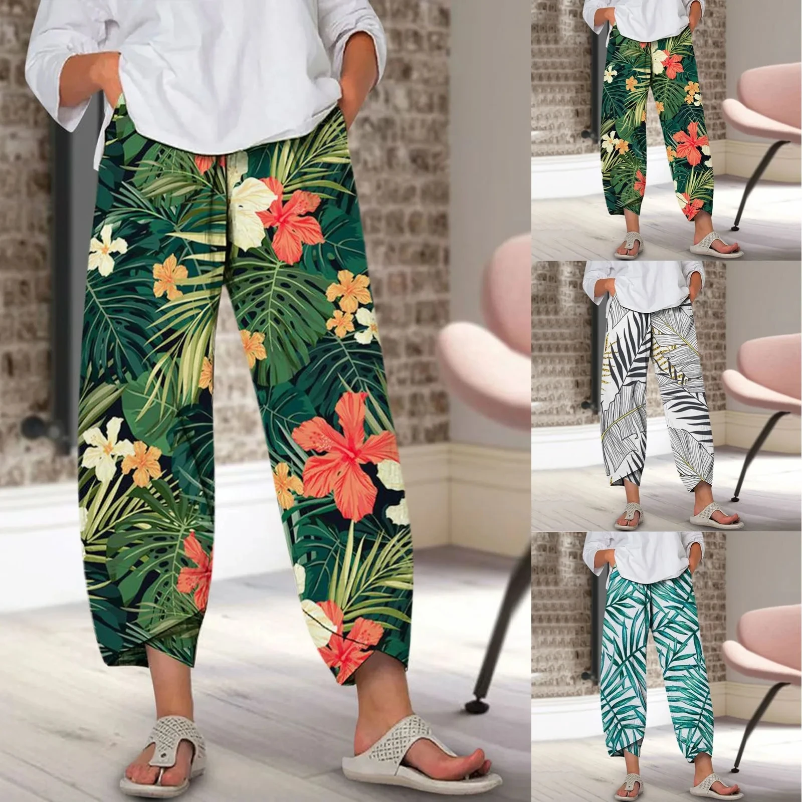 2025 Vintage Harem Pants Women Casual Loose Floral Printed Elastic Waist Pants Summer Casual Irregular Pantalon Cropped Pants