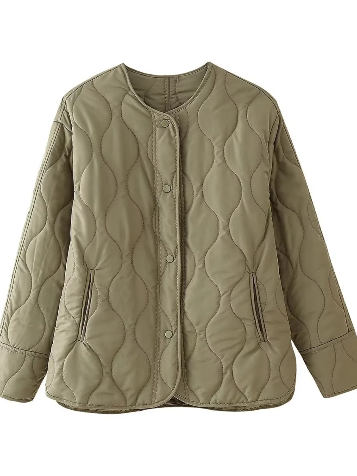 

Loose Long Sve Cotton Jaet round Ne Street Sle Women's Coat Comfortable Fit Zipper Closure Color Autumn Outerwear