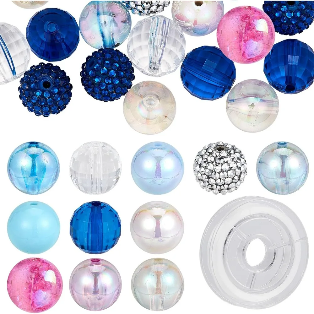 バブルガム-ブルーアクリルファセットビーズ,樹脂ラインストーンビーズ,レインボーラウンドビーズ,ルーズスペーサービーズ,20mm, 48個