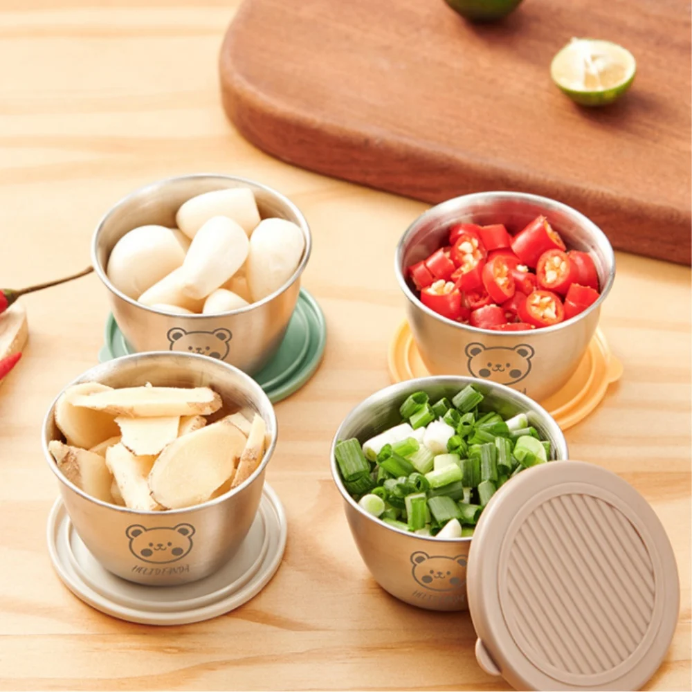 Taza de salsa con cubierta, cuenco de inmersión de acero inoxidable 304, platos de especias para condimentos, ensalada, tomate, platillo Bento, suministros de cocina
