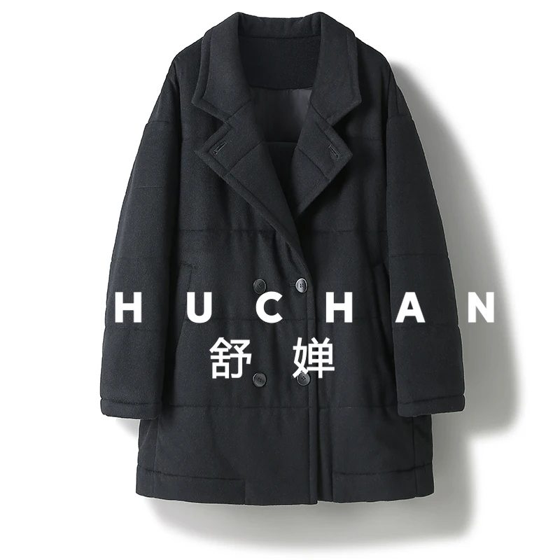 

【Camel fleece filling】High-count wool suit collar mid-length cotton jacket winter girl thickened wool loose cotton jacket