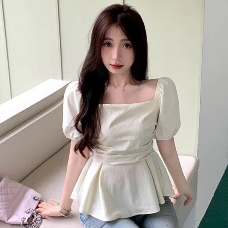 Folds Puff Short Sleeve French Woman Shirt Square Collar Solid Slim Ladies Blouse Fashion Casual New Ruffles Female Tops