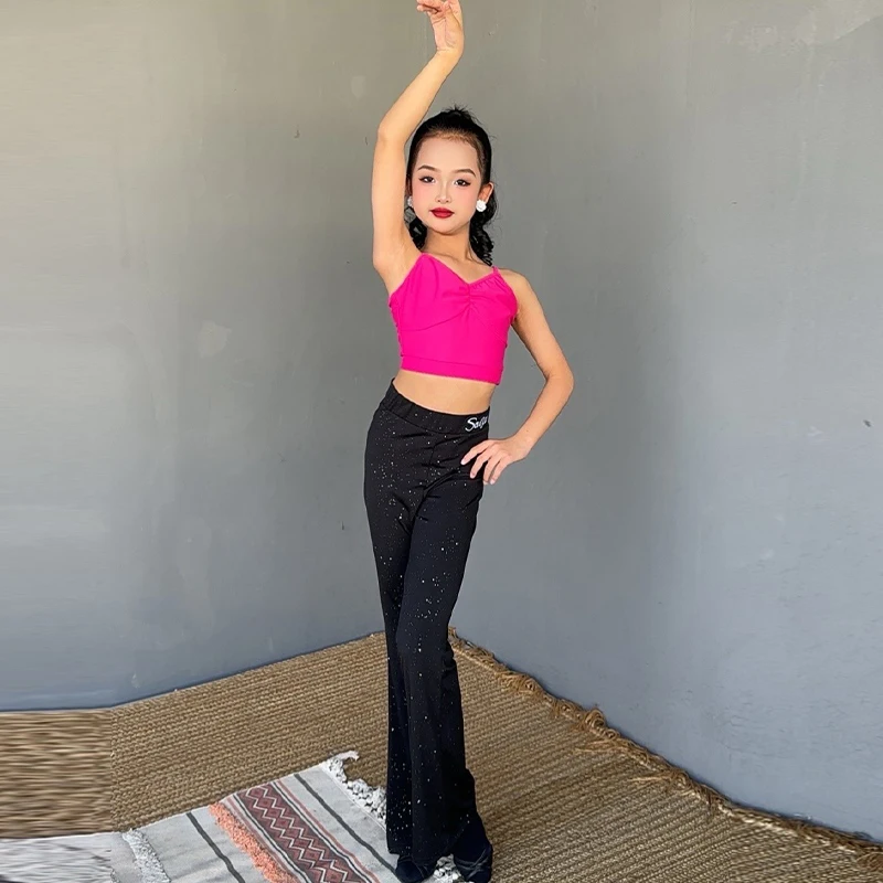 

Latin Dance Costume Kids Performance Clothes Girls Samba Training Set Rose Red Crop Tops Black Sequin High Waisted Pants XH2639