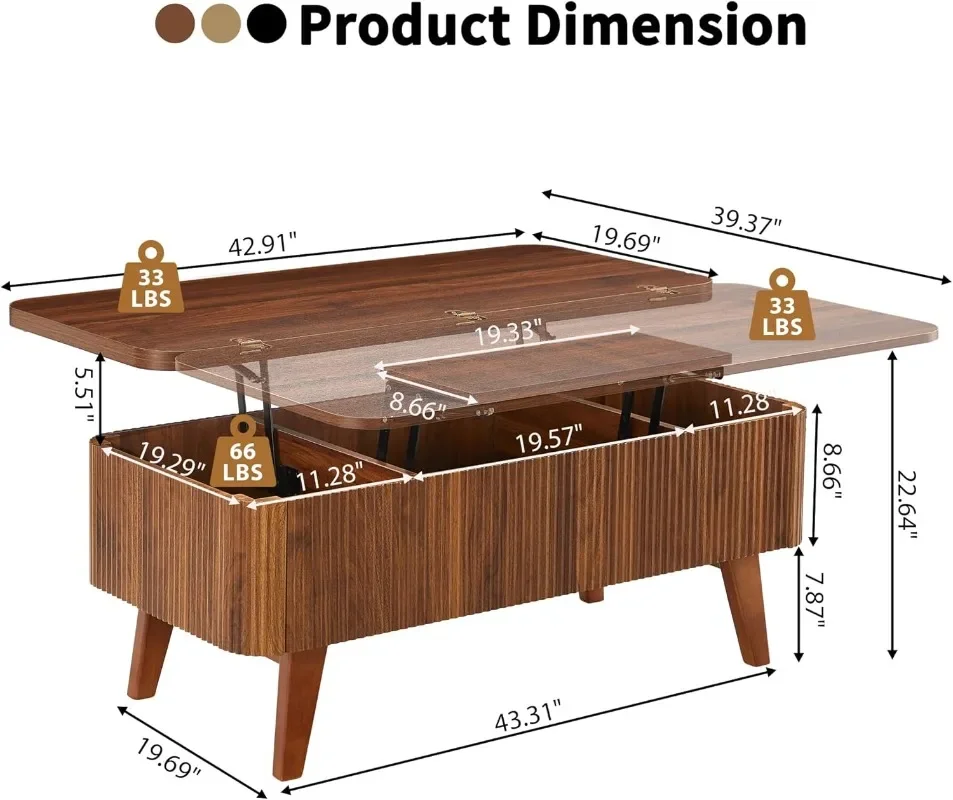 Lift Top Coffee Table, Fluted Convertible Coffee Tables Converts to Dining Tables, Modern Oval Wooden Center Table with Storage