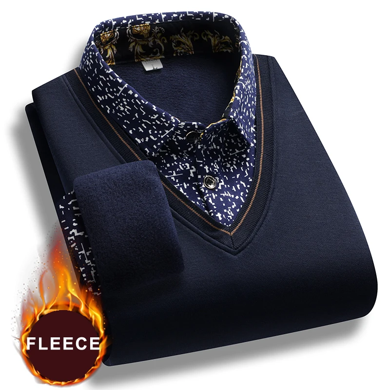 Men's Polo Neck Pullovers Autumn Winter Polo Sweater Lapel Fleece Warm Top Clothes Casual Jumpers view 3