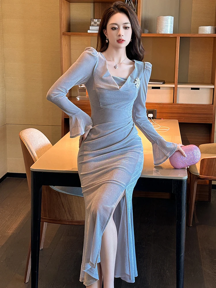 Retro Elegant ชุดยาวผู้หญิงหวานเซ็กซี่พัฟแขนพับ Bodycon Slit Robe หญิงชุดราตรี Vestidos Catwalk ชุด
