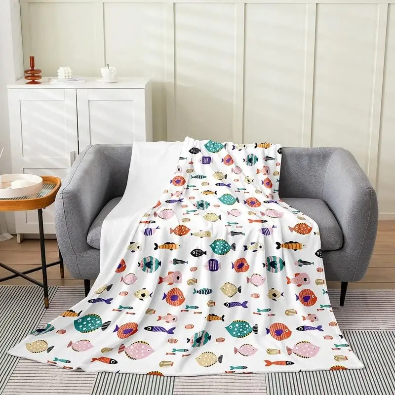 

Japanese Fish Flannel Fleece Blanket Cute Ocean Fish Print Plush Throw Blanket, Fishing and Hunting All Season,Bed