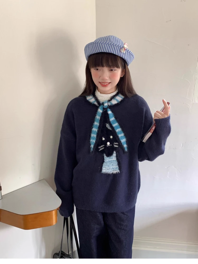 ヴィンテージスカーフカラーニットトップ女性のネイビーブルーゆったり猫ジャカードセーター秋冬パッチワークオーバーサイズプルオーバーニットウェア