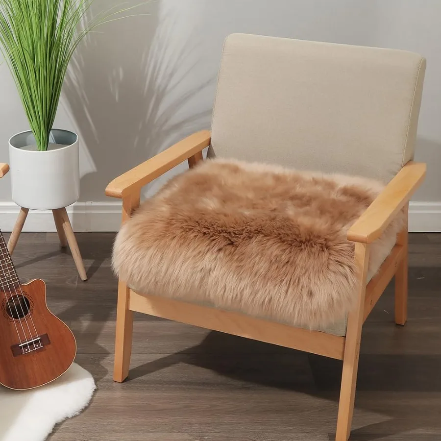 

Square Fur Sheepskin Chair Cover Seat Cushion Pad Super Soft Area Rugs for Living Bedroom Sofa 18" x 18" Light Brown 18" x 18"