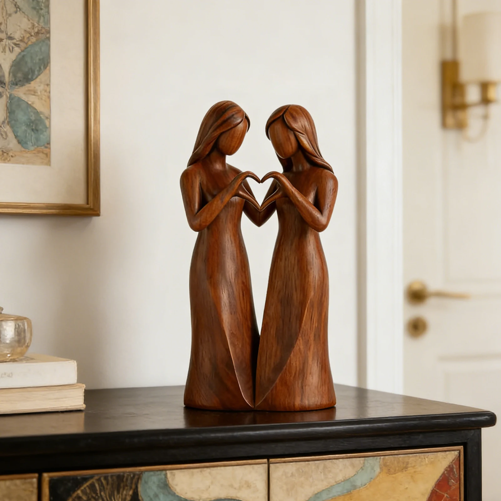 Sisterhood Friendship Resin Figurine Statue Imitated Wooden Handmade Sculpture For Living Room Shelf Decor Gift
