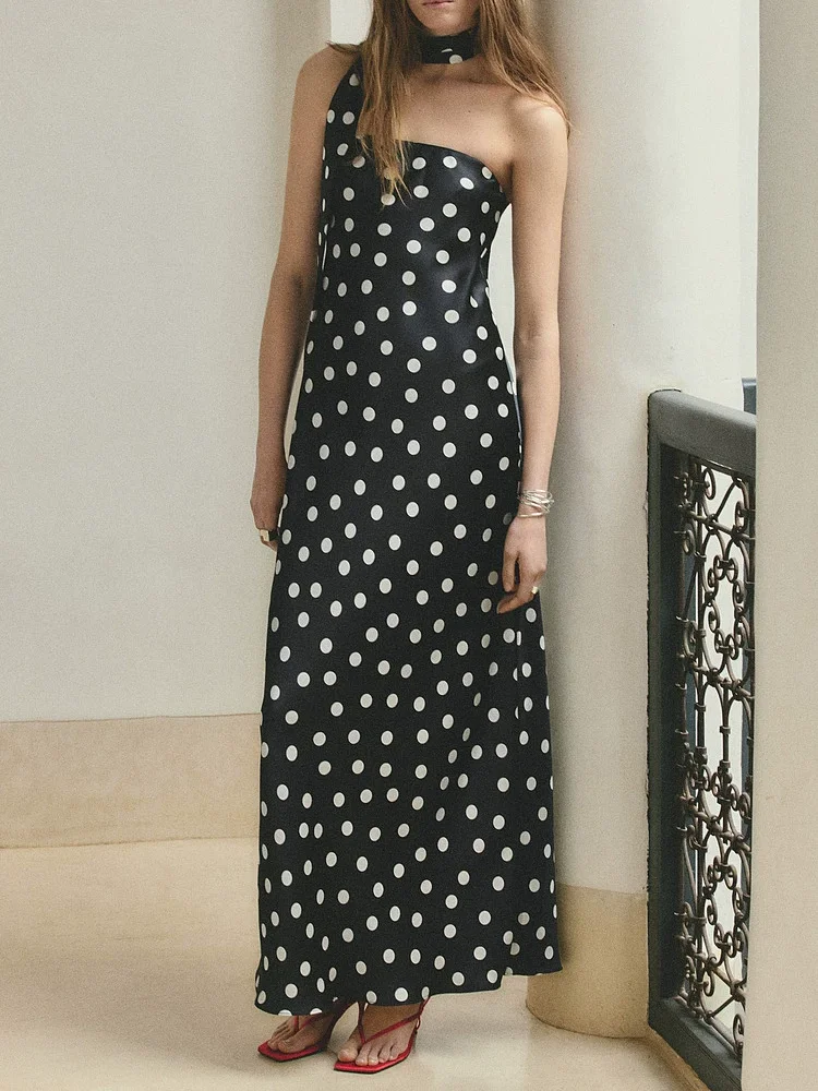 

New Summer Polka Dot Print Scarf Neck Tube Top Dress Vintage Floral Pattern Women's Fashionable Casual Length Gown
