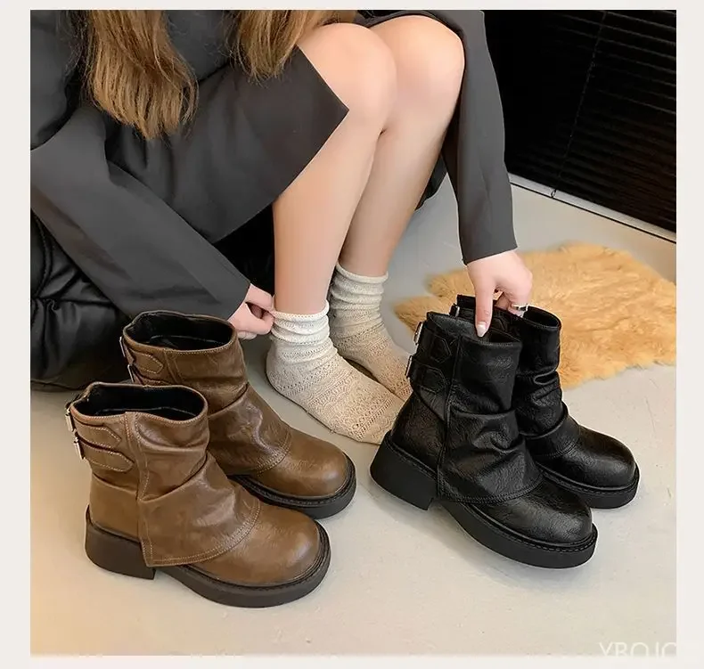 Herbst Winter minimalistische, bequeme Damenschuhe mit dickem Absatz, Plateau-Damenstiefel, modische, vielseitige, rutschfeste kurze Stiefel. – Detail 8