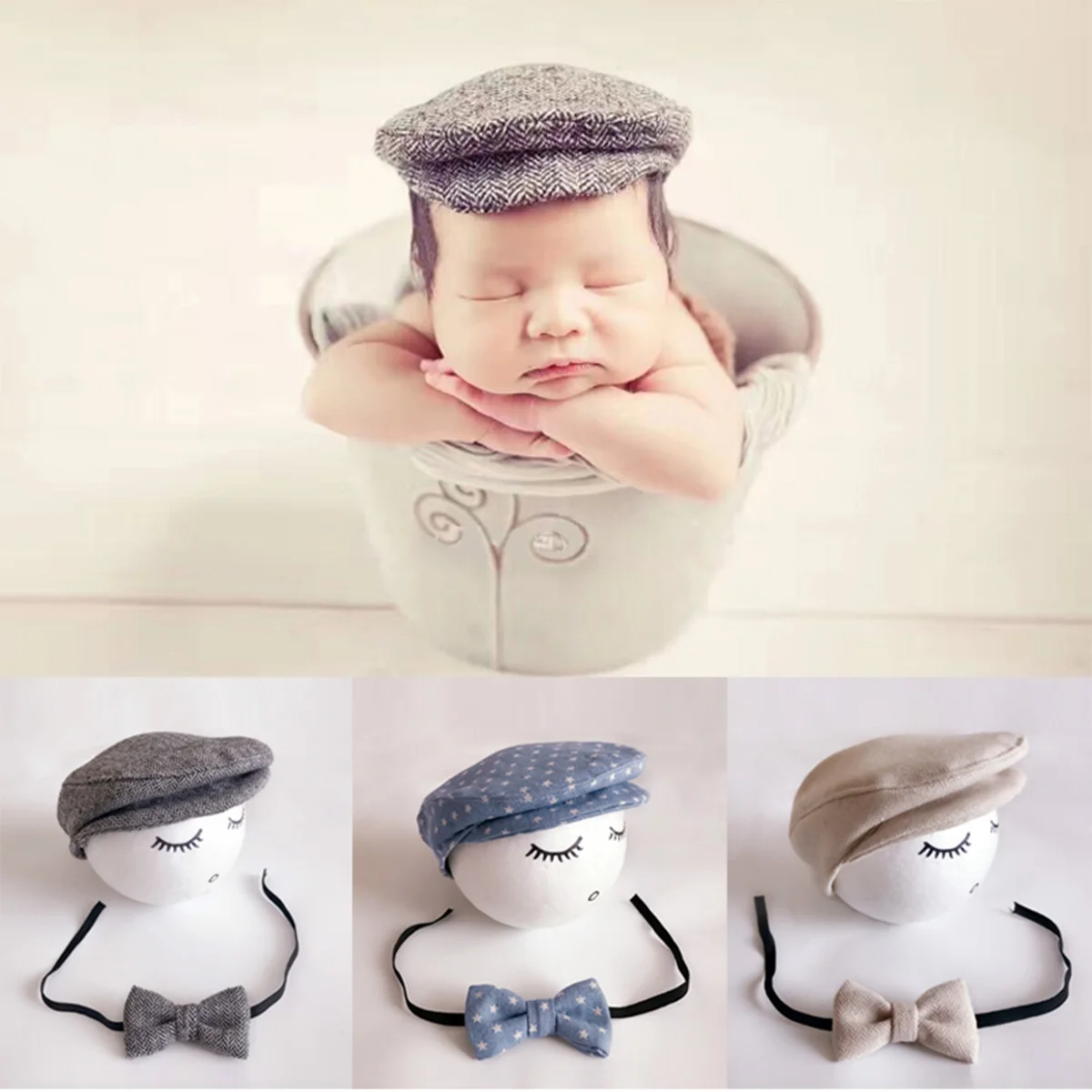 

1 set Baby Photo Props Cotton Costume Hat Bow Tie Gentlemen Cap Newborn Shooting Accessories Safe Durable Infant Photography