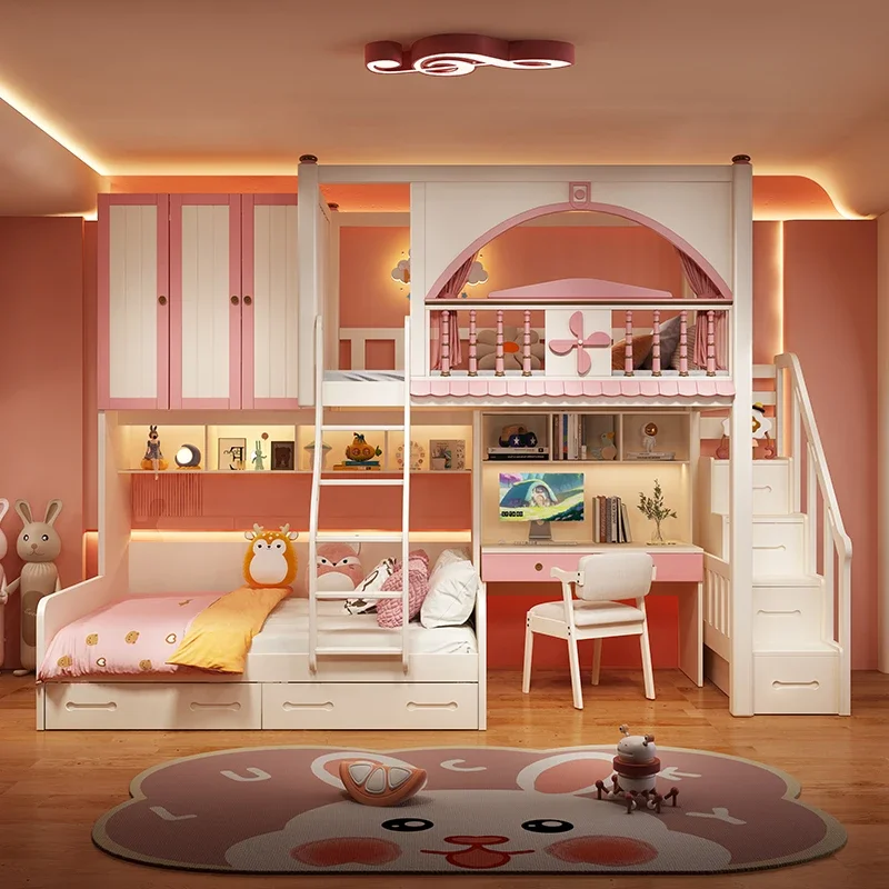 Full solid wood bed staggered small apartment double  bunk  high and low child and mother  dislocation girl princess