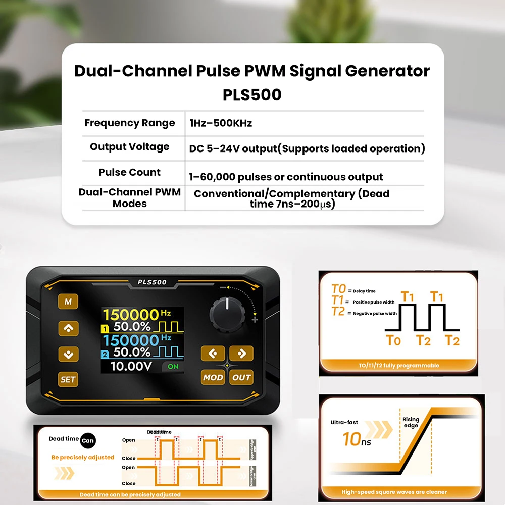 DC5-24V PLS500 Dual Channel Pulse PWM Signal Generator 1Hz~500kHz with Adjustable Dead Time and Programmable support switching