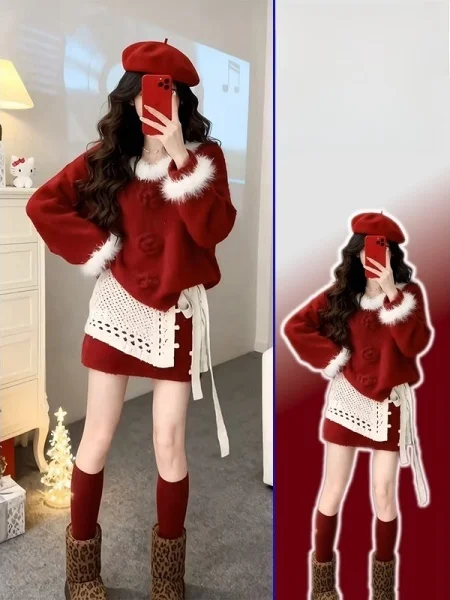 

plus Size Red Knitted Sweater And ort Skirt Two Piece Set Women's Faionable Casual Wear Comfortable Loose Fit High Waist