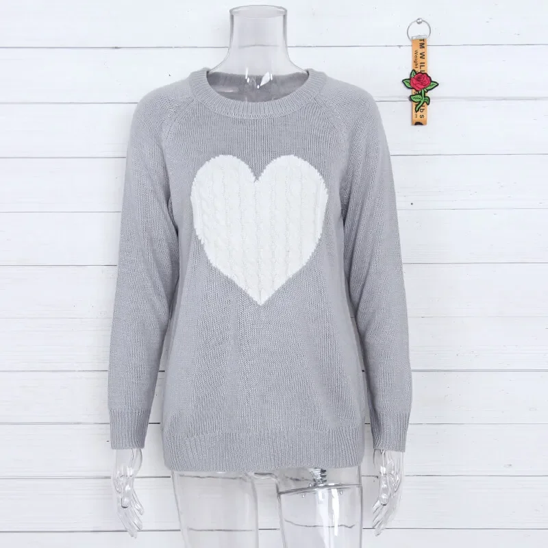 Heart Sweater Pullover Women Autumn Spring Simple Knit Elastic Pullovers Jumper Casual Thick Warm Black White Basic Jumpers