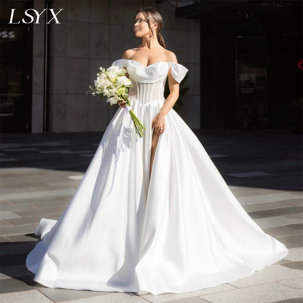 

LSYX Off Shoulder V Neck Satin High Side Slit Elegant A Line Wedding Dresses Zipper Back Court Train Bridal Gown Custom Made