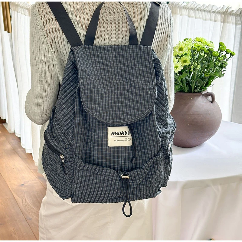 Modischer Rucksack, koreanischer Karo-Rucksack mit Kordelzug für Studenten, Unisex-Schultasche, leichter Damenrucksack mit großer Kapazität – Detail 12
