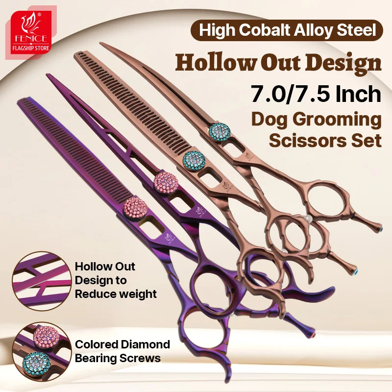 

Fenice Hollow Out Design 7.0/7.5 Inch High Cobalt Alloy Steel Dog Grooming Scissors Set Straight Curved Thinning Chunkers Shears