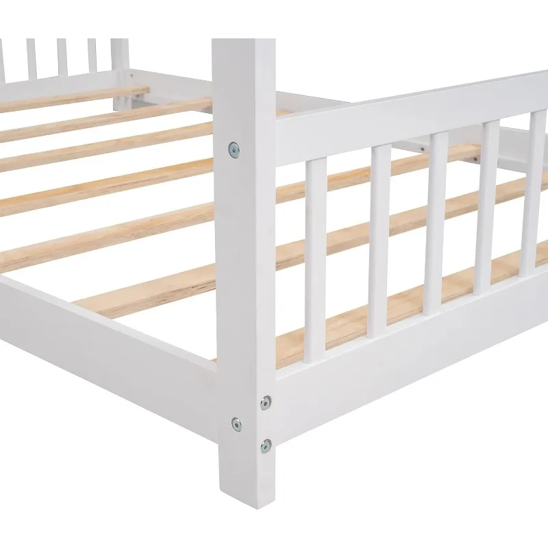 Cama de piso de tamaño completo, marco de cama de piso completo con cabecero, reposapiés y listones, cama de madera con listones/cama de piso de casa, Blanco completo