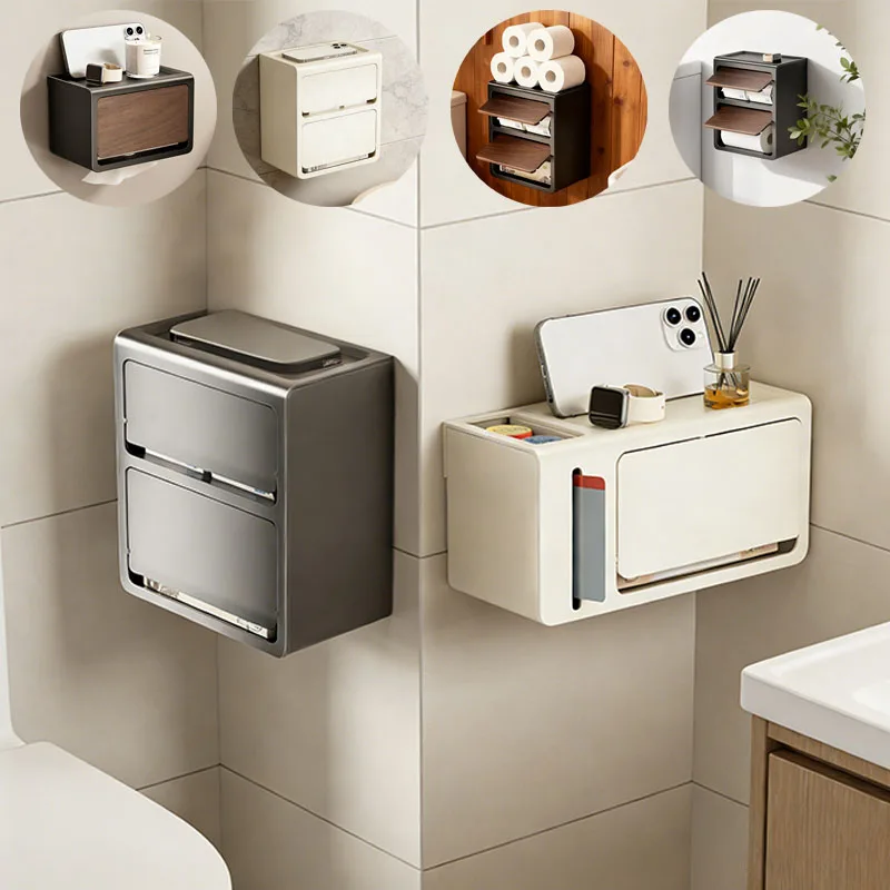 

Double Layered Wall Mounted Tissue Holder in Bathroom Featuring Antique Style and Non Perforated Storage Rack for Home Storage