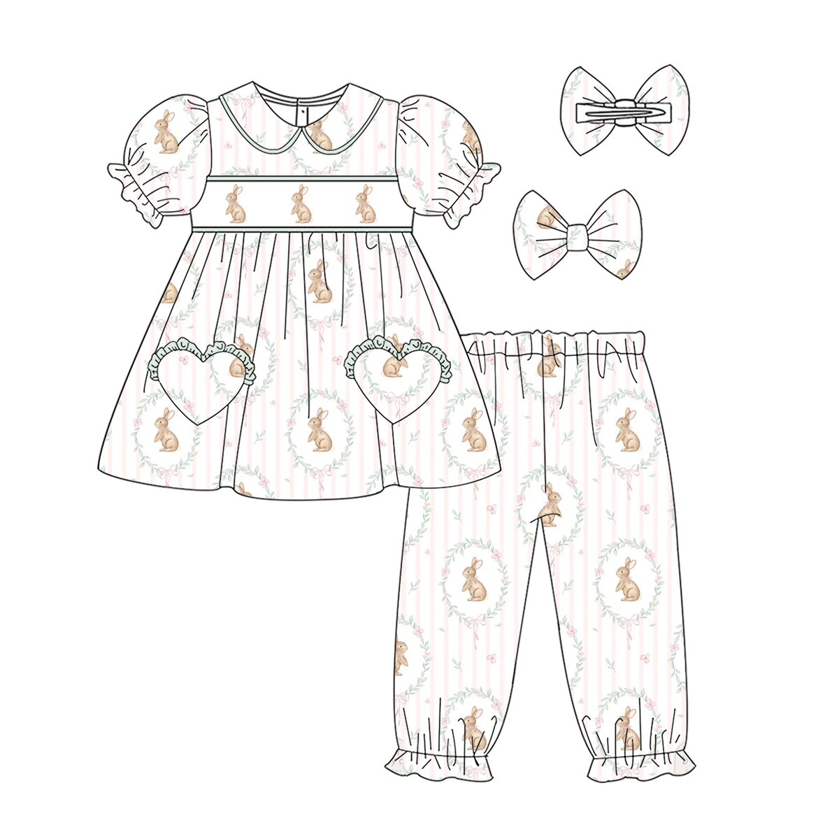 Easter Girls Series Short Sleeve Long Pants Girls Set Baby Lapel Long Sleeve Pajama Set Bunny Bow Print Boutique Children Set