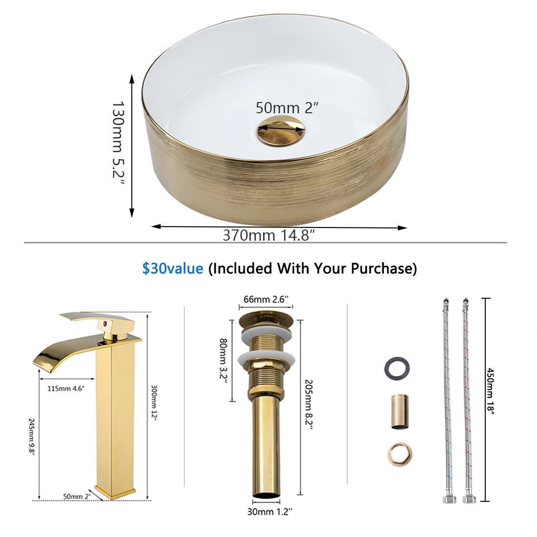 Torayvino Round Bowl Ceramic Bathroom Basin Vessel Sink Vanit Above Counter with Mixer Waterfall Faucet Pop-up Drain Combo Kit view 3