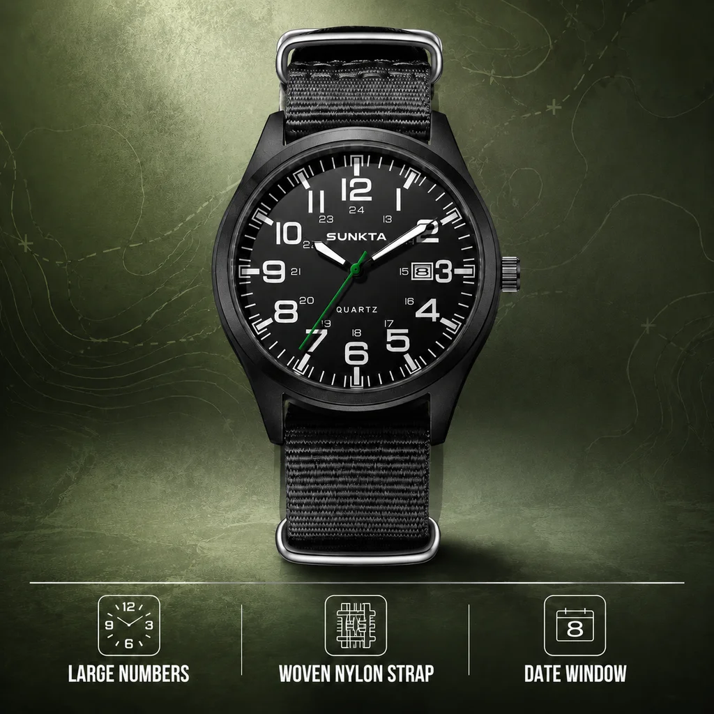 Sunkta Outdoor Man Watch Fashion Casual Sport Calendar Nylon Belt Waterproof Luminous Clock Quartz Men's Wristwatch Daily Outfit