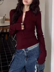 Autumn Wine Red Button Up Y2k T-shirt Women Winter Chic Long Sleeve Slim Fit Tops Korean 2024 Streetwear Solid Basic Casual Tees
