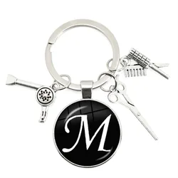 Hairdressing Tools Pendant Keychain 25mm Glass Dome Cabochon A-Z 26 Letters Hair Drier Charm Key Rings Jewelry for Barber Gift