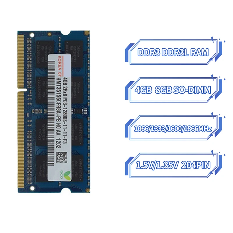 Laptop RAM DDR3 8GB 4GB 1066MHz 1333MHz 1600MHz 1866MHz 2R×8 Notebook Memory SODIMM PC3-8500 10600 12800 1.5V 204 Pin